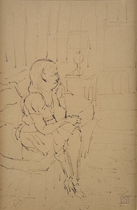 Myrtle Jones - Seated Figure with Interior - charcoal - 17 x 11