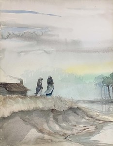 Gilbert Maggioni - Figures by the Shore - Watercolor