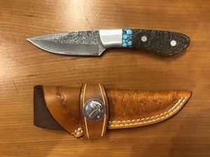 San Mai Damascus SS blade, SS bolster, Mosaic Pints, Turquoise accent, Leather Sheath