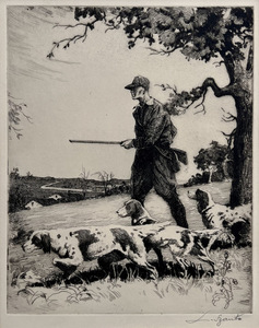 Louis Szanto - Hunter with Dogs - etching/drypoint - 10.5 x 8.5