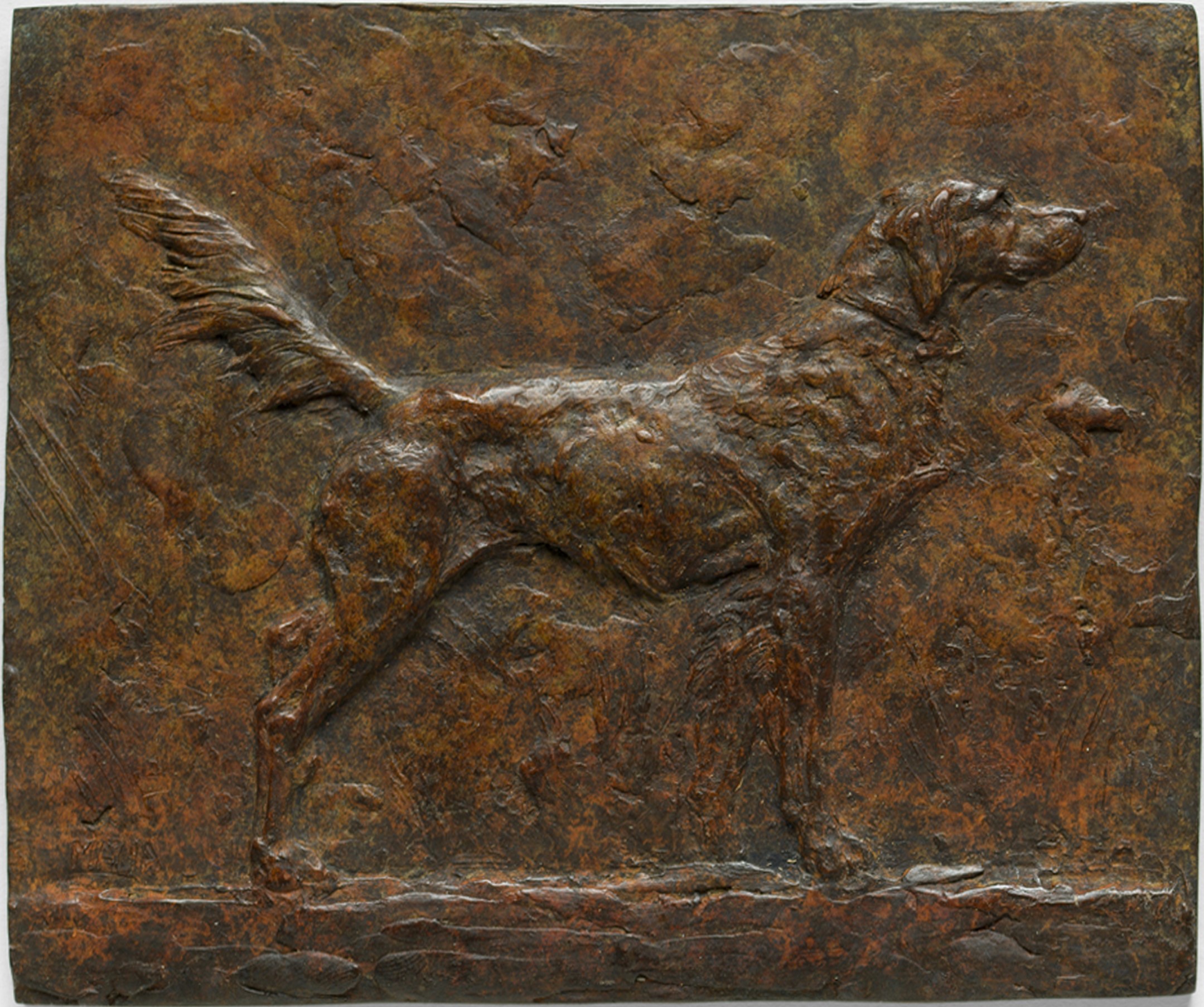 Walter Matia - Setter Bas Relief Plate, bronze, 7.5 x 0.5 x 6