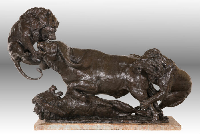 Michael Barlow-bronze-bronze statue-lion-cape buffalo-africa-african scene-hunting-sporting-art-gallery-art gallery-fine art