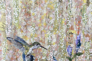 Laura Adams - Calliope Hummingbird Pair With Lavender, paper collage on cradled canvas, 20 x 10