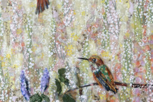 Laura Adams - Rufous Hummingbird Pair With Lavender, paper collage on cradled canvas, 20 x 10