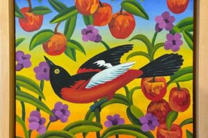Billy Hassell - Oriole In the Orchard, oil on panel, 14 x 14 framed