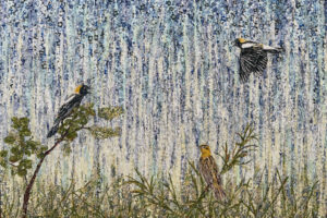 Laura Adams - Bobolinks in the Grassland, paper collage on cradled canvas, 36 x 48 inches