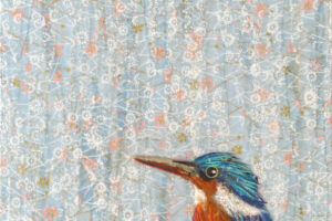 Laura Adams - Malachite Kingfisher, paper collage on cradled canvas, 20 x 10 inches