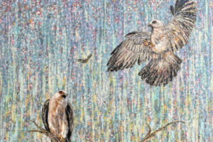 Laura Adams - Mississippi Kites and Cicada at Sunrise, paper collage on cradled canvas, 48 x 48 inches