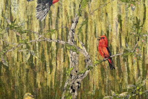 Laura Adams - Scarlet Tanager Trio, paper collage on cradled canvas, 40 x 30 inches