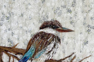 Laura Adams - Striped Kingfisher, paper collage on cradled canvas, 20 x 10 inches