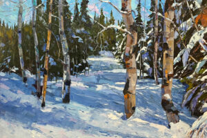 Garth Williams-A Sunny Winters Day-nature-oil painting-aspen-tree-snow-animals-sporting-sporting art-hunting-art gallery-paderewski fine art-garth williams solo exhibition-the sportsmans gallery